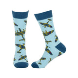 Battle of Britain light blue men's socks showcasing a World War Two Aircraft motif throughout.