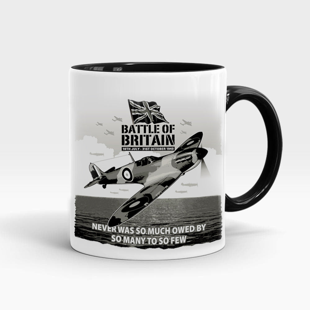 350ml ceramic mug with Battle of Britain design featuring a Spitfire plane and text 'Never Was So Much Owed by So Many To So Few'