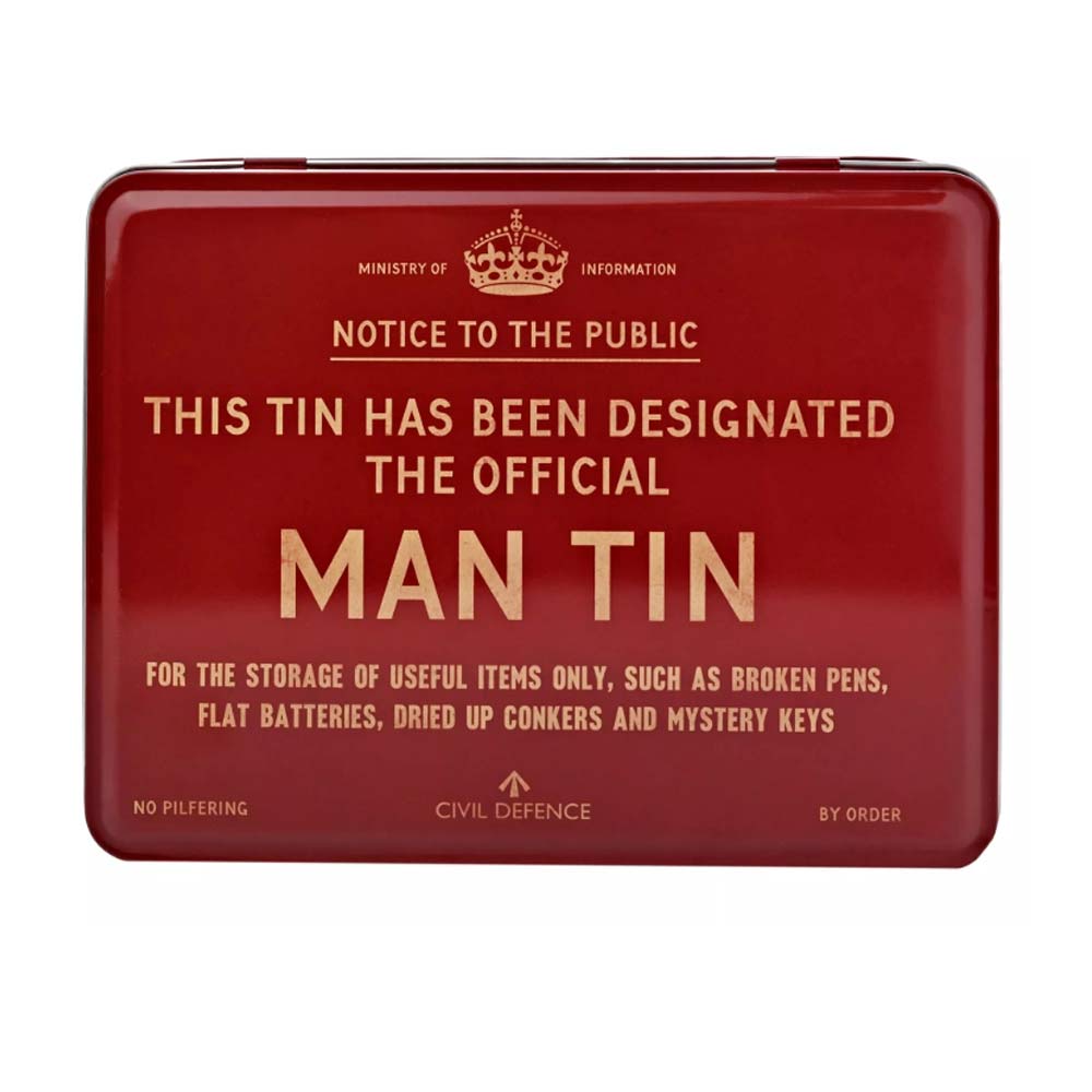 Civil Defence red storage tin with slogan, This tin has been designated the official Man tin.