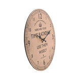 Round clock vintage design with text 'Here Are Your Time Rations' on a beige background colour.