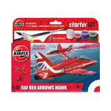 Airfix RAF Red Arrows Hawk 1:72 starter set with model kit, paintbrush, glue, and four acrylic paints on the packaging; recommended for ages 8 and up.