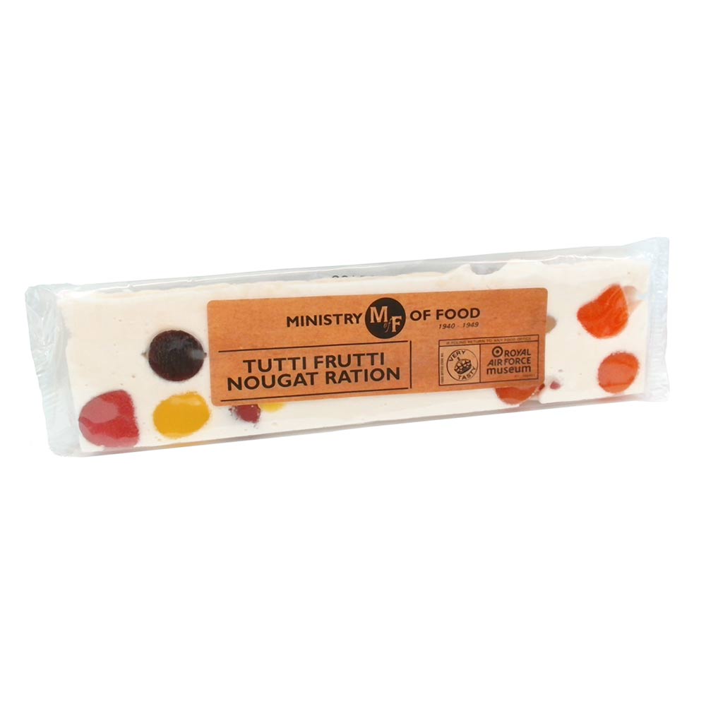 A traditionally handmade Tutti Frutti-flavoured bar 120g, wrapped and presented in packaging inspired by Second World War ration books.