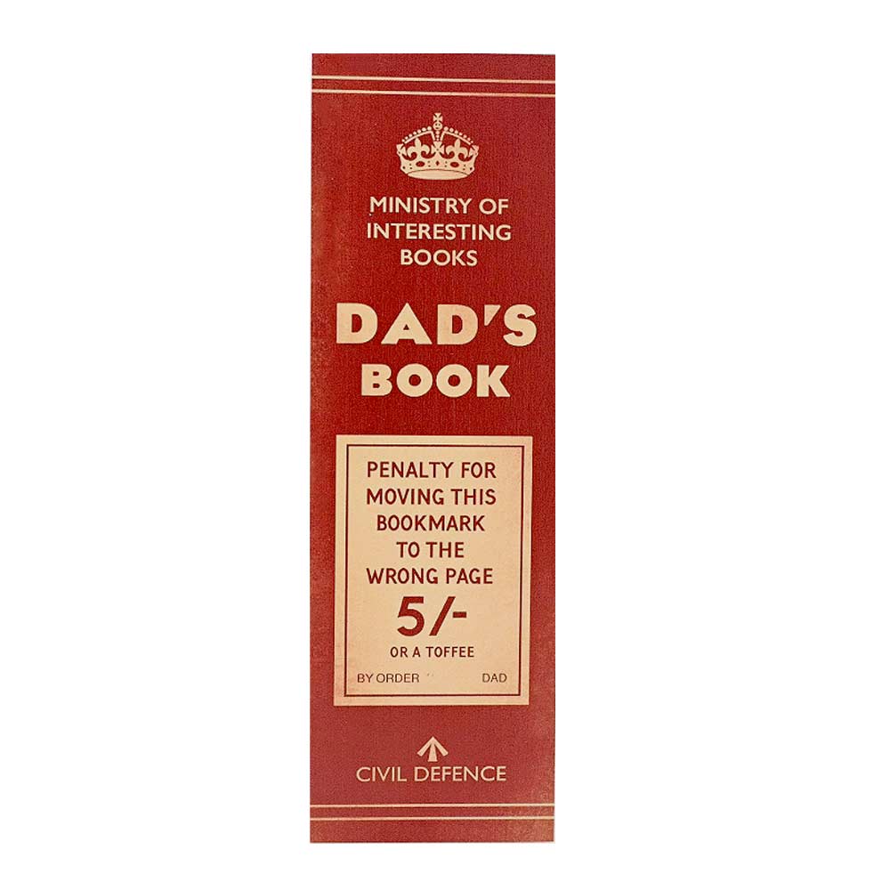 Civil Defence Red bookmark with slogan text, Dad's Book, penalty for moving this bookmark to the wrong page.