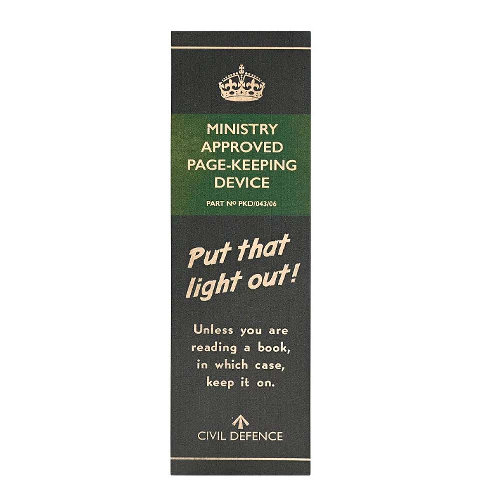 Civil Defence green bookmark with slogan text Ministry Approved Page Keeping Device and put that light out!