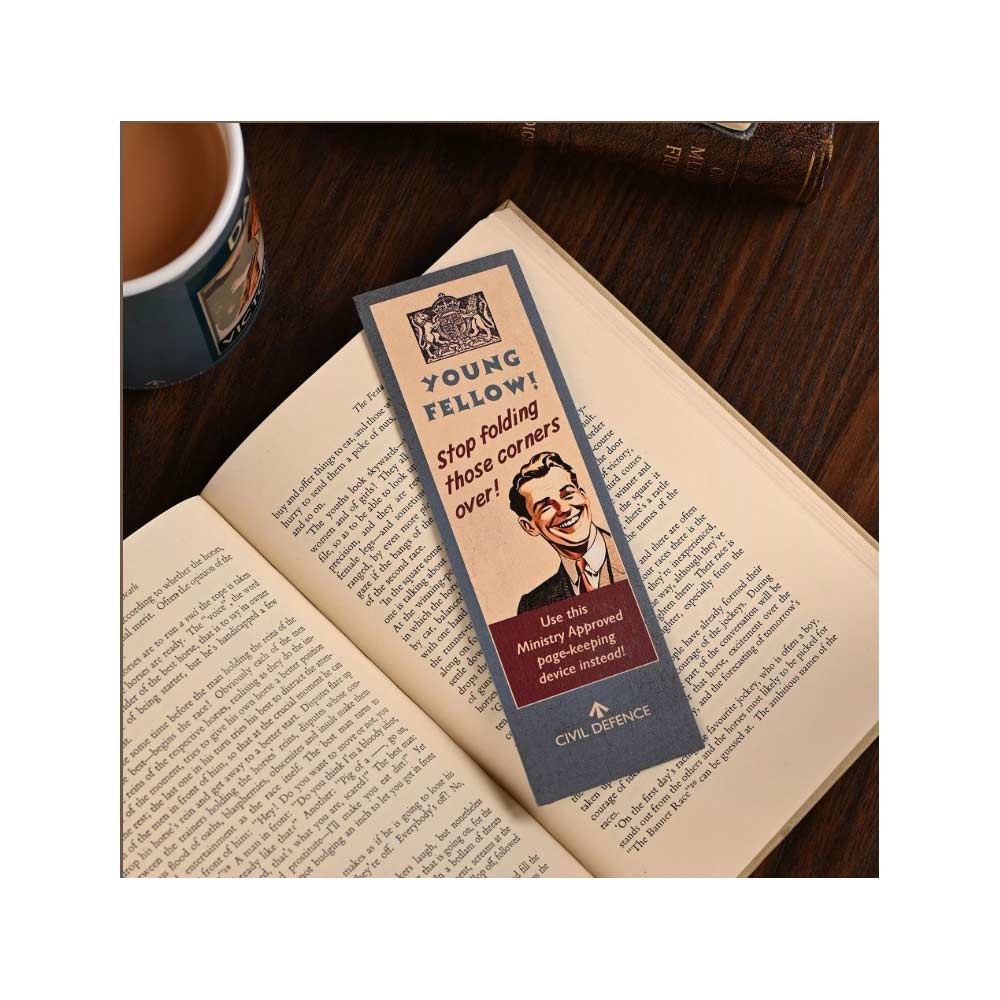 Civil Defence grey outline Bookmark with slogan text Young Fellow! Stop folding those corners over!