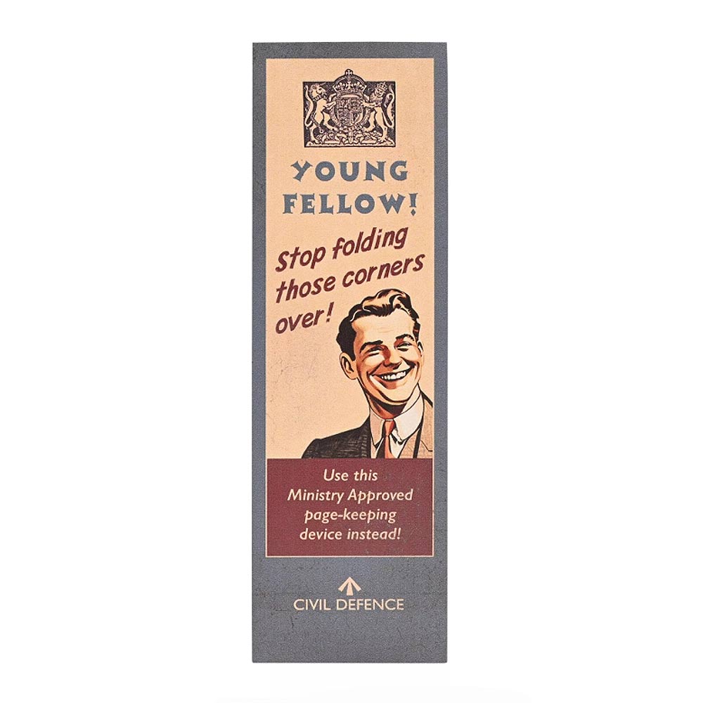 Civil Defence grey outline Bookmark with slogan text Young Fellow! Stop folding those corners over!