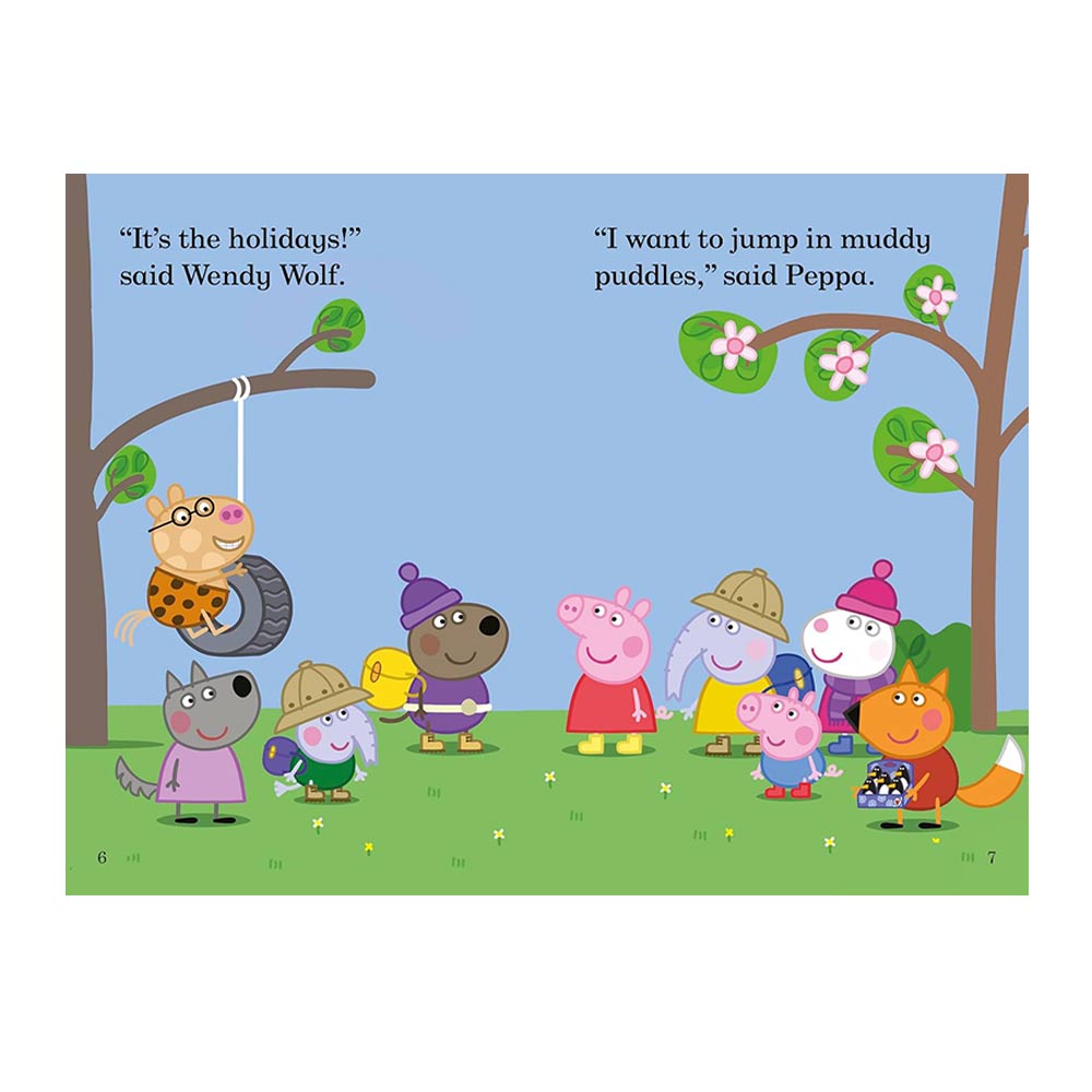 Illustration of cartoon characters from 'Peppa Pig' on a page with text about holidays and muddy puddles.