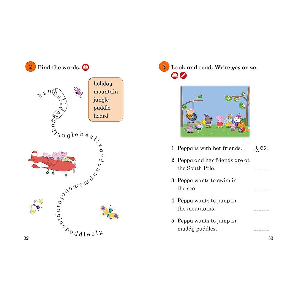 Educational page from a children's book with Peppa Pig and friends, including word search and comprehension questions.