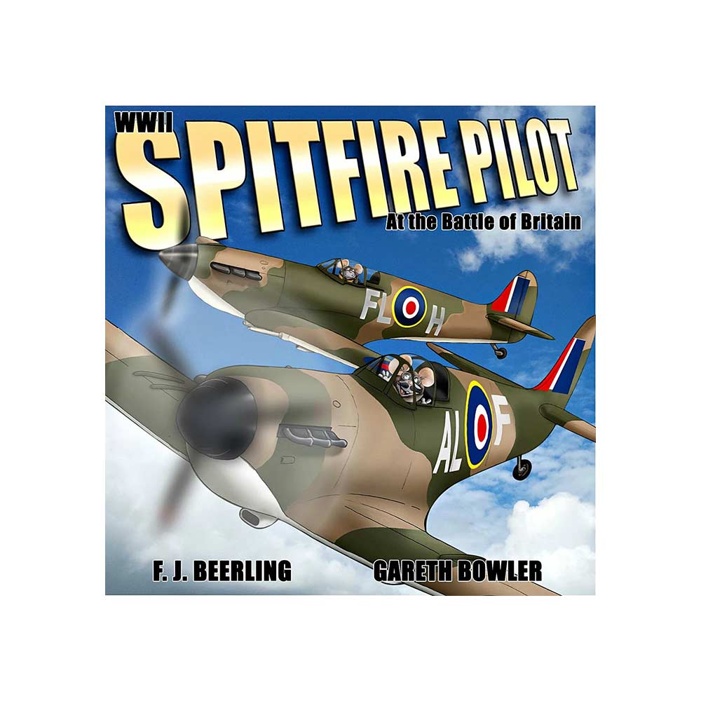 "Spitfire Pilot" book cover showcasing a Spitfire aircraft in flight against a vibrant sky, symbolizing bravery and adventure.
