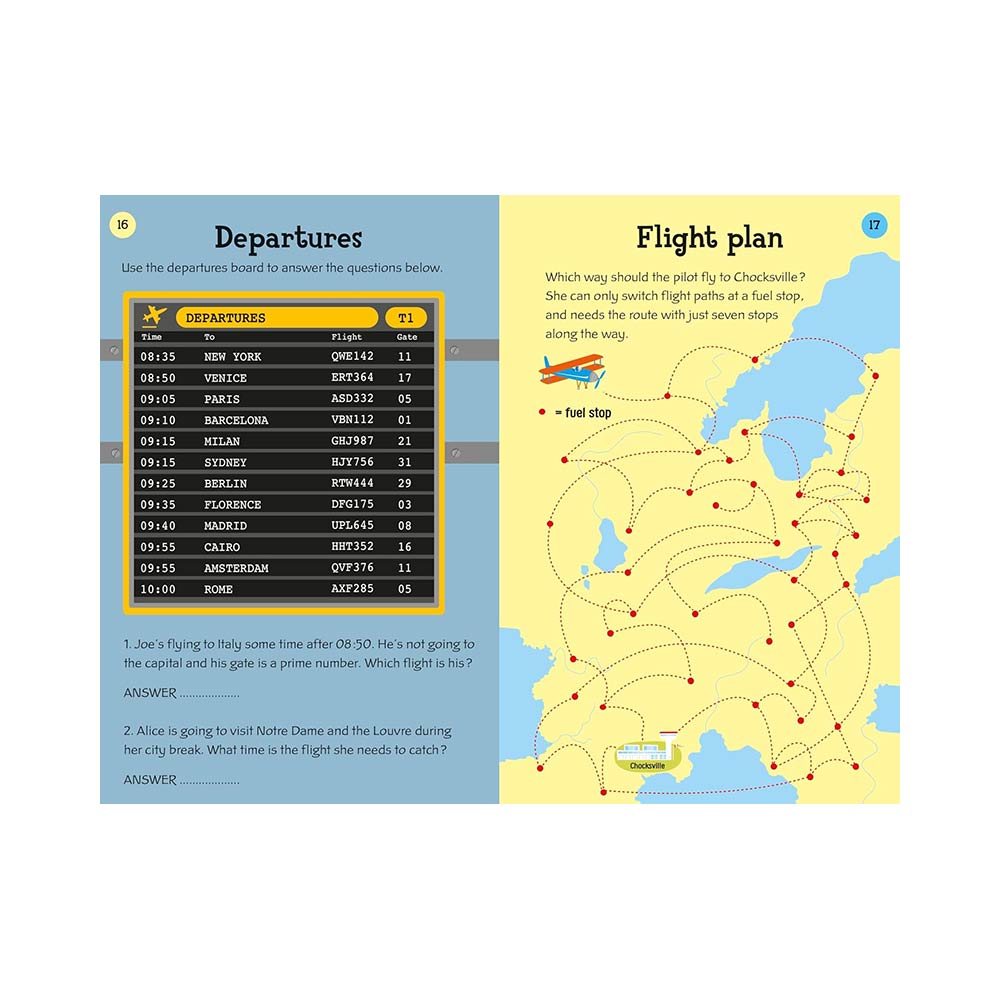 This compact, pocket-sized activity book is designed to keep children entertained on any flight. It features a wide variety of engaging challenges, from solving airport mazes and aeroplane word searches to doodling and colouring. Inner page.