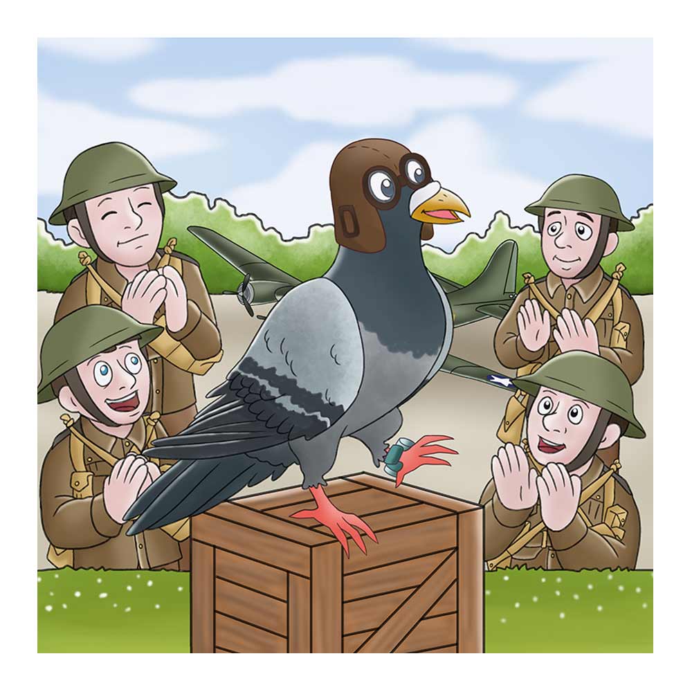 Animals with Awards in world war two, this book depicts an image of a hero pigeon surrounded by soldiers.