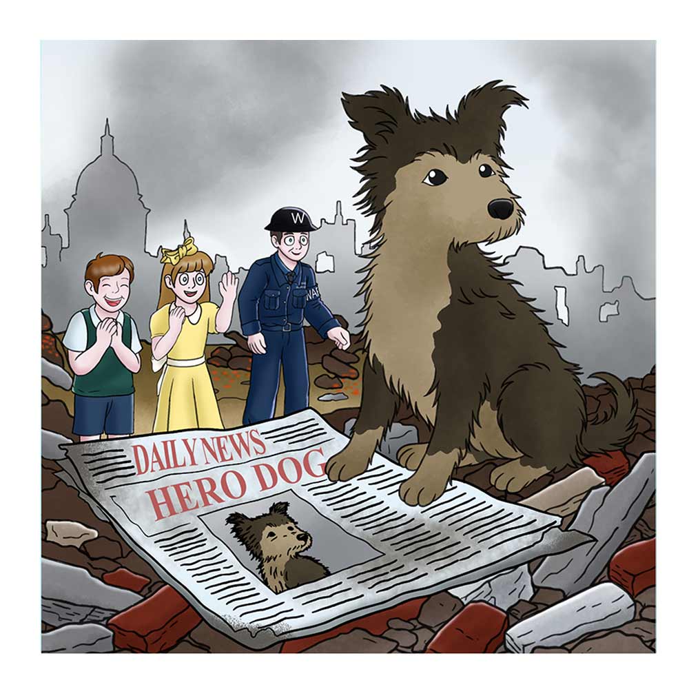 Animals with Awards in world war two, this book depicts an image of a hero dog sitting on rubble surrounded by children and policeman.