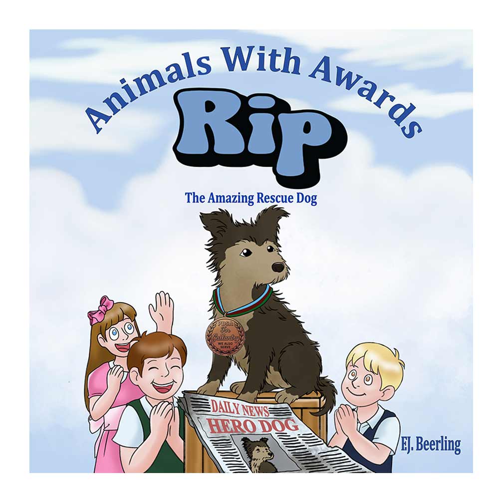 Animals with Awards in world war two, this book depicts an image of a hero dog surrounded by children.