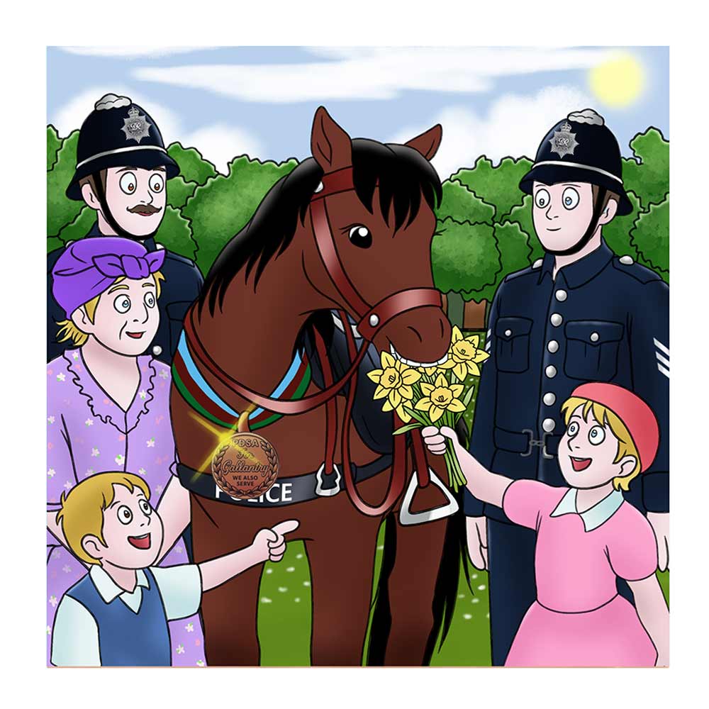 Animals with Awards in world war two, this book depicts an image of a hero horse with their policemen surrounded by people.