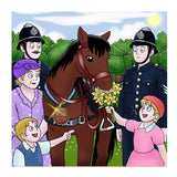 Animals with Awards in world war two, this book depicts an image of a hero horse with their policemen surrounded by people.
