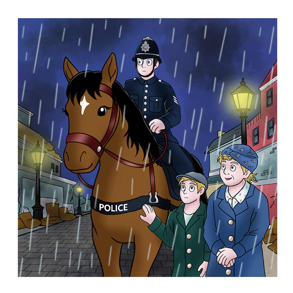 Animals with Awards in world war two, this book depicts an image of a hero horse with their handler Police man sitting on it's back on a rainy day.