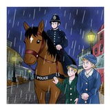 Animals with Awards in world war two, this book depicts an image of a hero horse with their handler Police man sitting on it's back on a rainy day.