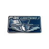 Rectangle metal pin badge of the F-35 Lightning II design on blue background.