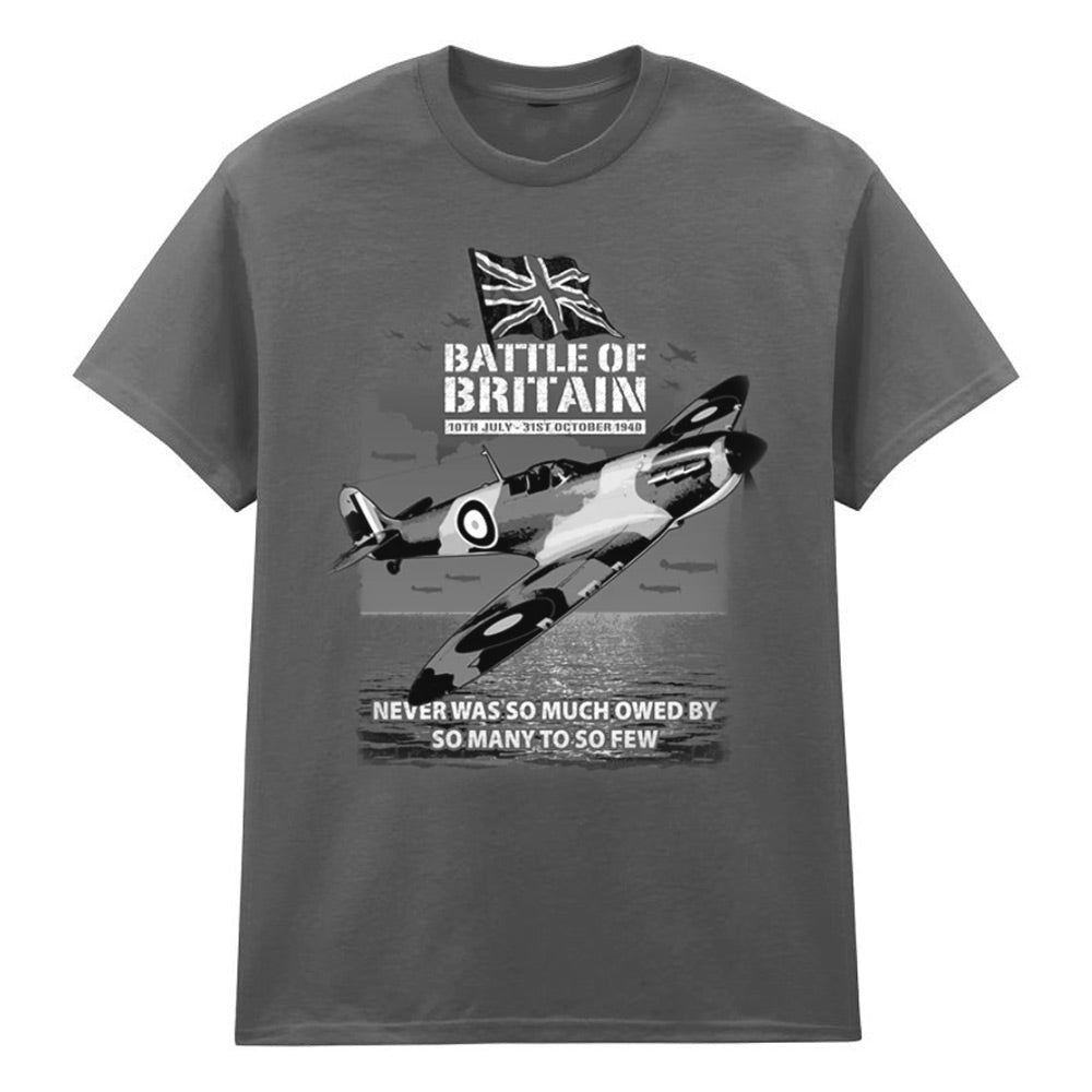 A grey crew neck t-shirt features a striking Battle of Britain design.