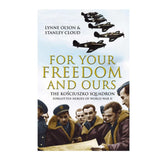An image displaying the phrase "For Your Freedom and Ours" with the Kosciuzko Squadron Pilots reading a map and aircraft above their heads.
