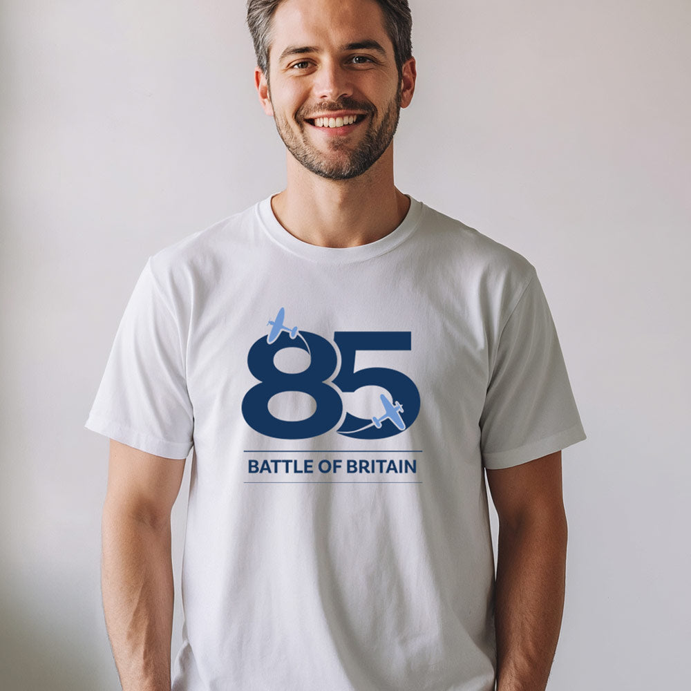 A white crew neck  t-shirt with '85 Battle of Britain logo' design on the front, printed in blue colour.