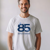 A white crew neck  t-shirt with '85 Battle of Britain logo' design on the front, printed in blue colour.