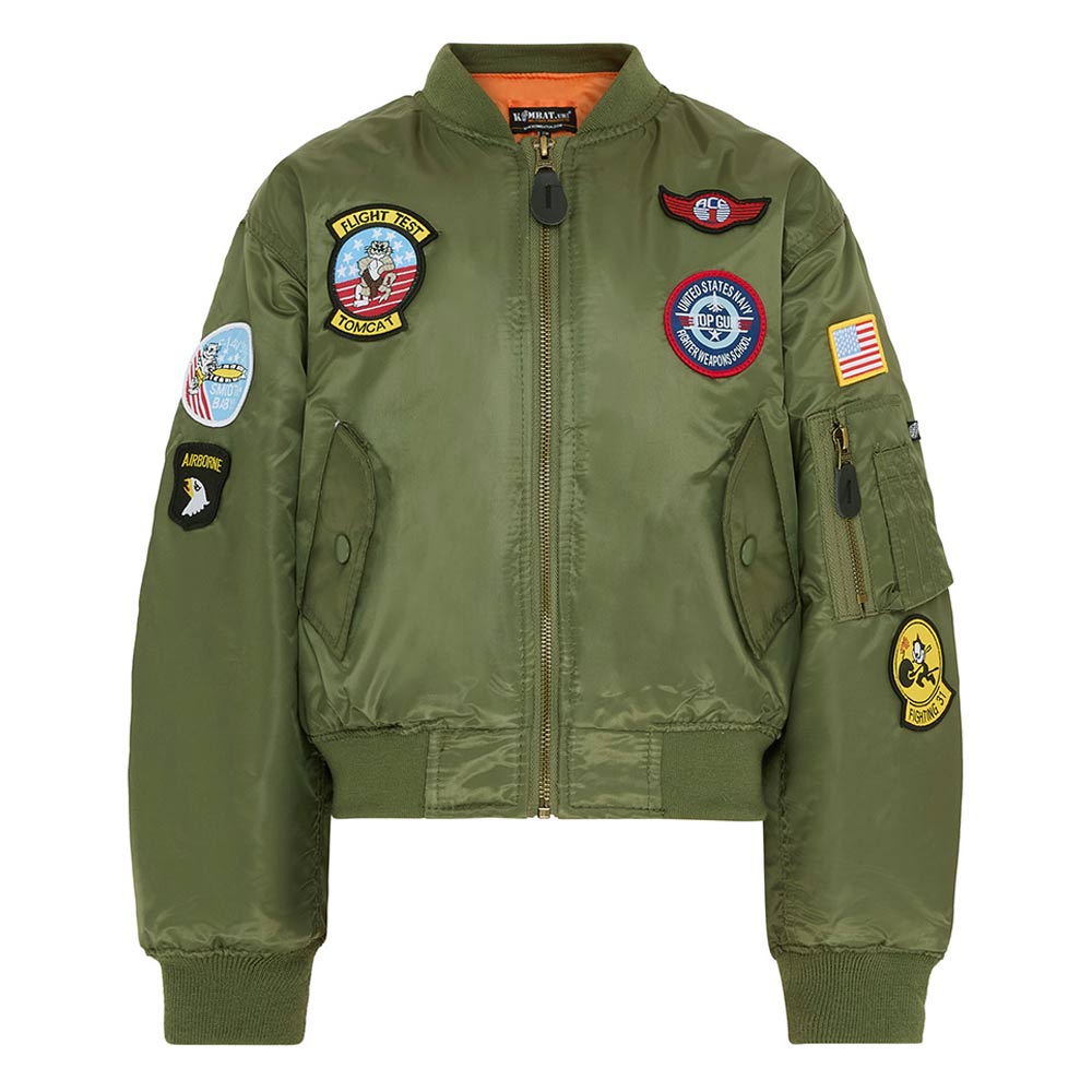  Kids Olive Green Flight Jacket Replica, Inspired by classic US MA1 military design. With 7 x Sewn-on badges iconic replica patches: Top Gun, US Flag, Tom Cat, F14, US Airborne, Fighting 31, and Ace 1.