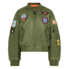  Kids Olive Green Flight Jacket Replica, Inspired by classic US MA1 military design. With 7 x Sewn-on badges iconic replica patches: Top Gun, US Flag, Tom Cat, F14, US Airborne, Fighting 31, and Ace 1.