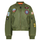  Kids Olive Green Flight Jacket Replica, Inspired by classic US MA1 military design. With 7 x Sewn-on badges iconic replica patches: Top Gun, US Flag, Tom Cat, F14, US Airborne, Fighting 31, and Ace 1.