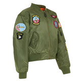  Kids Olive Green Flight Jacket Replica, Inspired by classic US MA1 military design. With 7 x Sewn-on badges iconic replica patches: Top Gun, US Flag, Tom Cat, F14, US Airborne, Fighting 31, and Ace 1.