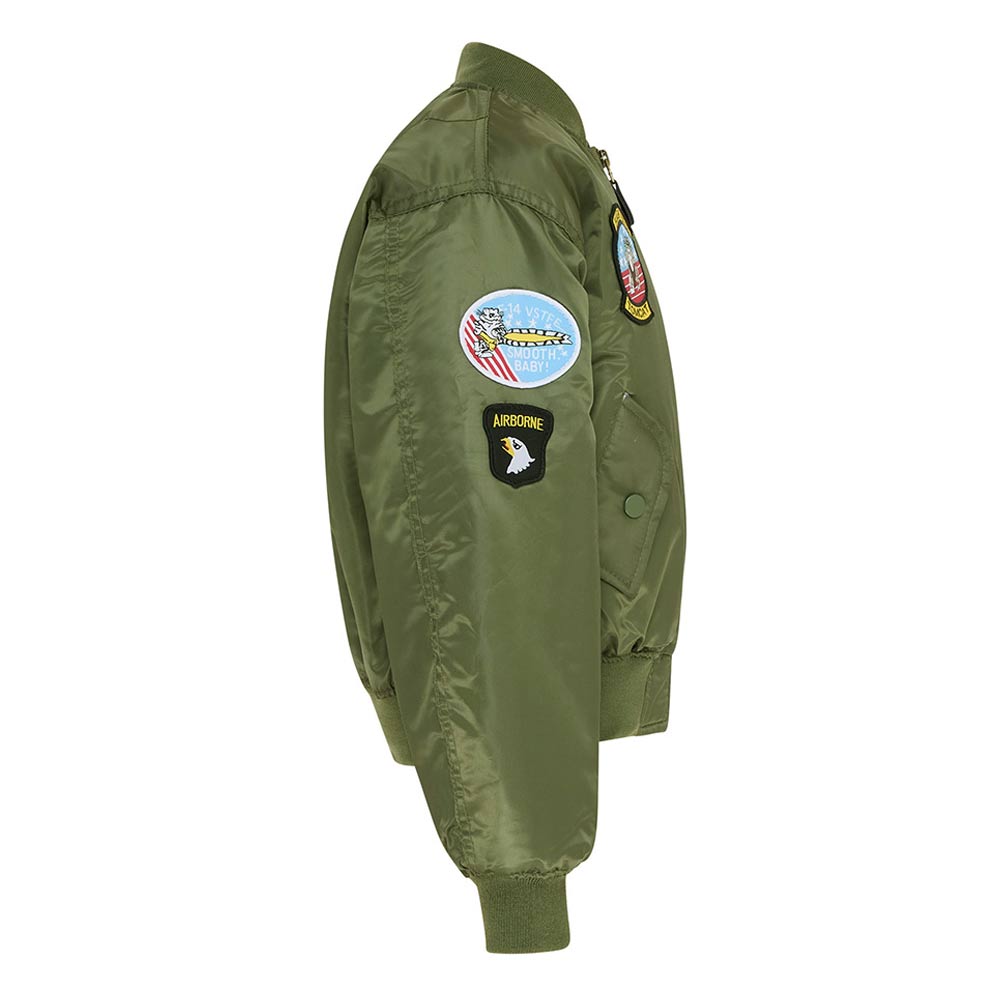  Kids Olive Green Flight Jacket Replica, Inspired by classic US MA1 military design. Side view arm with 2 x Sewn-on badges iconic replica patches: F14, US Airborne.