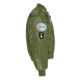 Kids Olive Green Flight Jacket Replica, Inspired by classic US MA1 military design. Side view arm with 2 x Sewn-on badges iconic replica patches: F14, US Airborne.