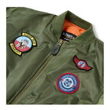  Kids Olive Green Flight Jacket Replica, Inspired by classic US MA1 military design. Close up front crop view, showing 3 x Sewn-on badges iconic replica patches: Top Gun, Tom Cat, and Ace 1.