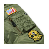  Kids Olive Green Flight Jacket Replica, Inspired by classic US MA1 military design. Side view arm with 2 x Sewn-on badges iconic replica patches: US Flag and Flighting 31.