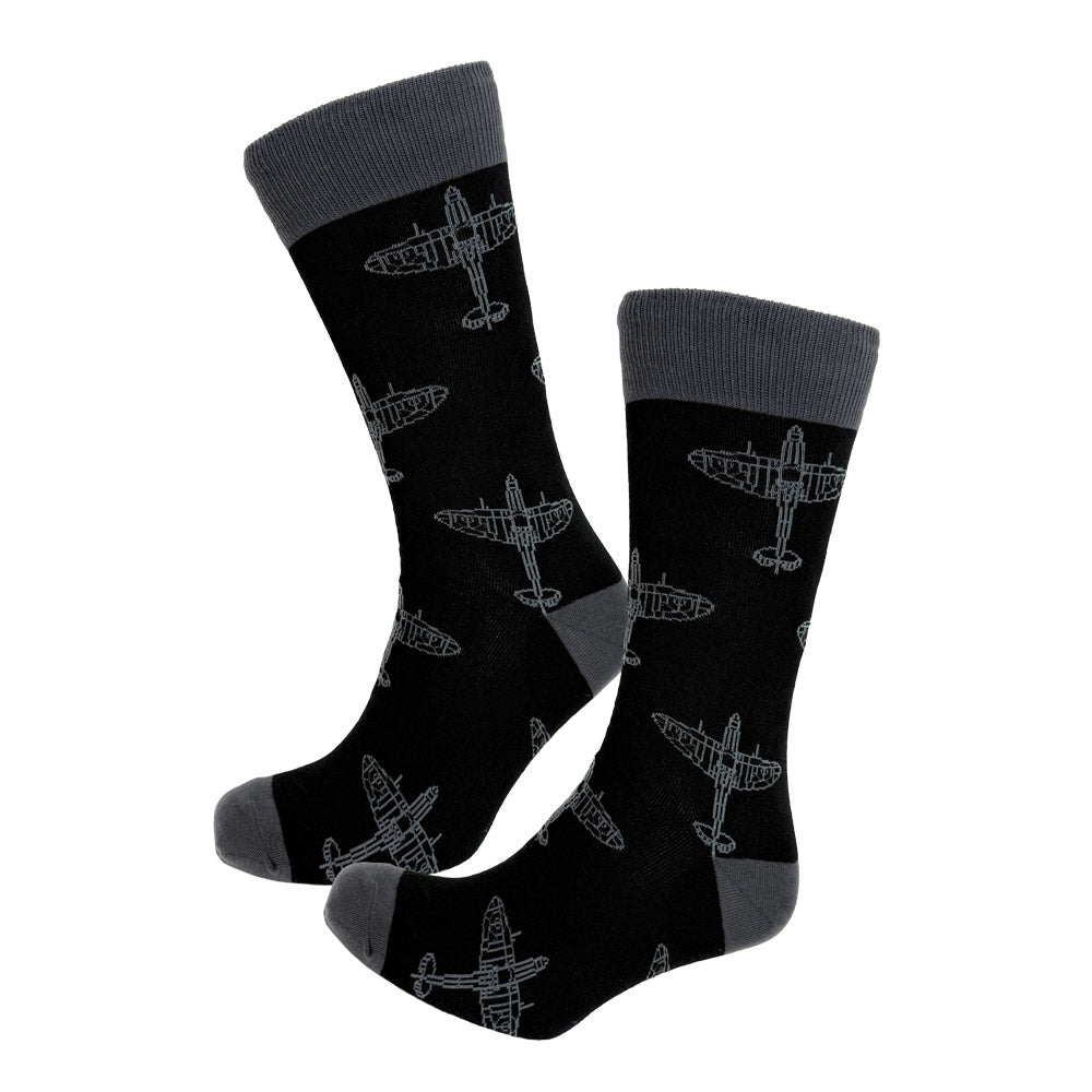 A classic pair of black and grey socks featuring the Spitfire plane design.  Exclusively for the Royal Air Force Museum.