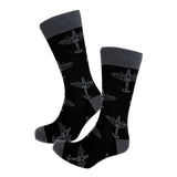 A classic pair of black and grey socks featuring the Spitfire plane design.  Exclusively for the Royal Air Force Museum.