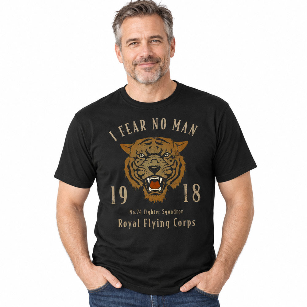 A Black No. 74 Fighter Squadron T-shirt with a vintage-style, weathered design celebrating the legendary Tiger Squadron.