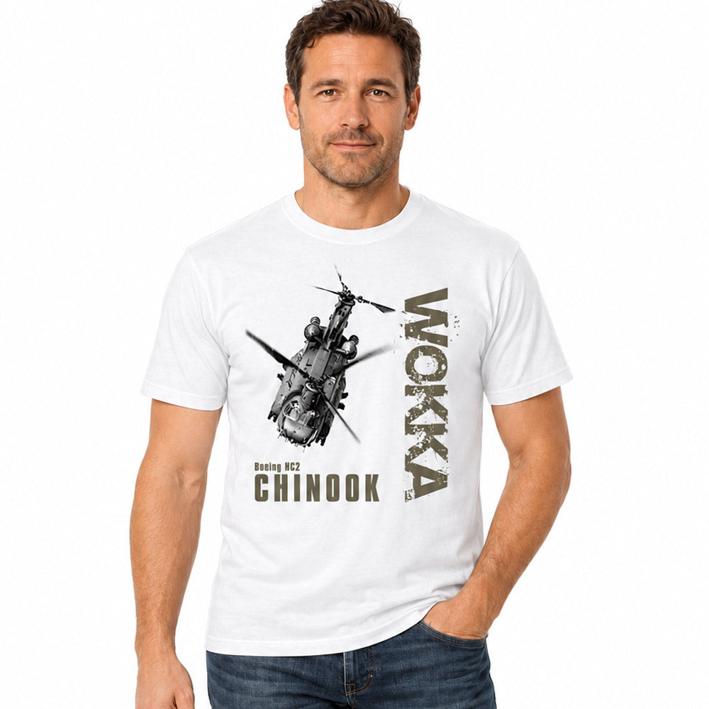 White crew-neck T-shirt featuring a Chinook helicopter design and the wording “WOKKA”.