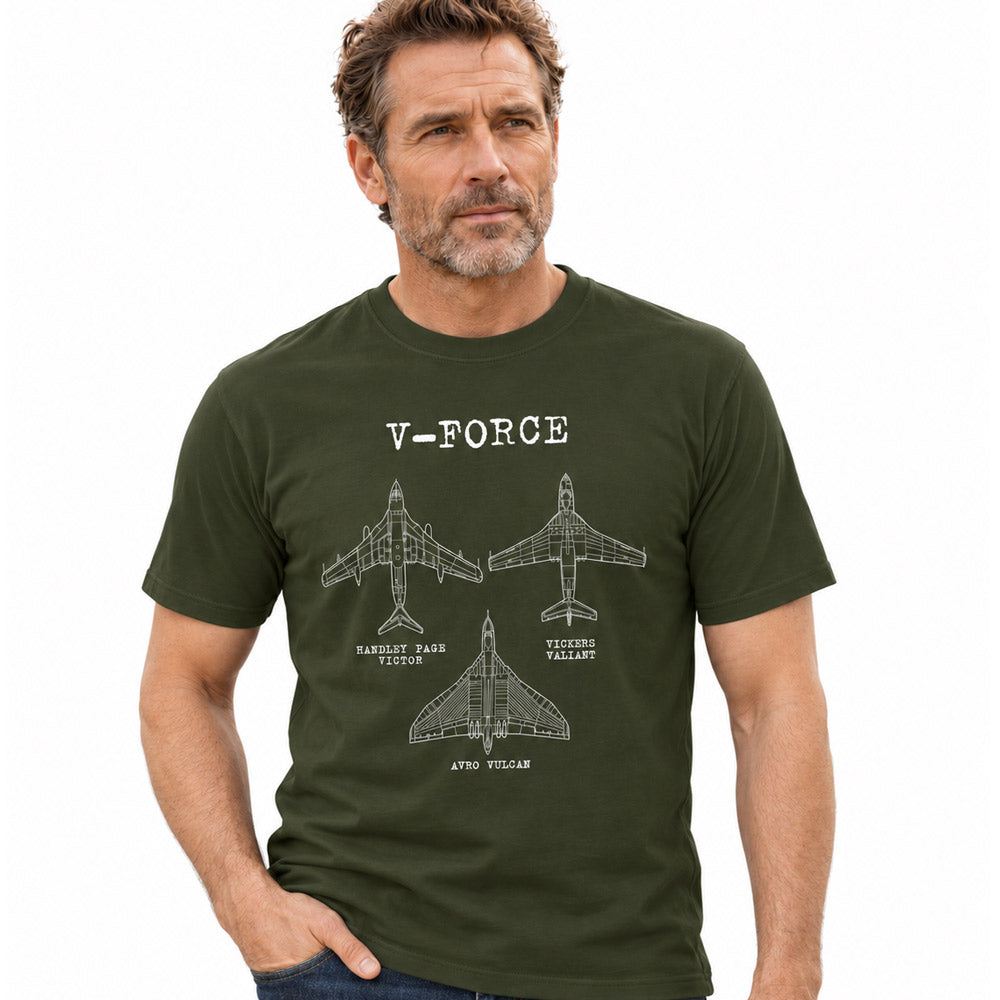 Khaki T-shirt featuring the V-Force aircraft, the Vickers Valiant, Handley Page Victor and Avro Vulcan.