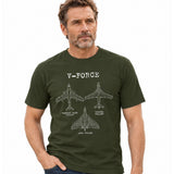 Khaki T-shirt featuring the V-Force aircraft, the Vickers Valiant, Handley Page Victor and Avro Vulcan.