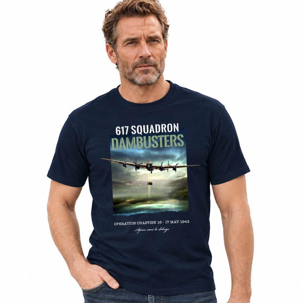 A crew neck navy 617 Squadron Dambusters T-shirt commemorating the 1943 Ruhr dams raid.
