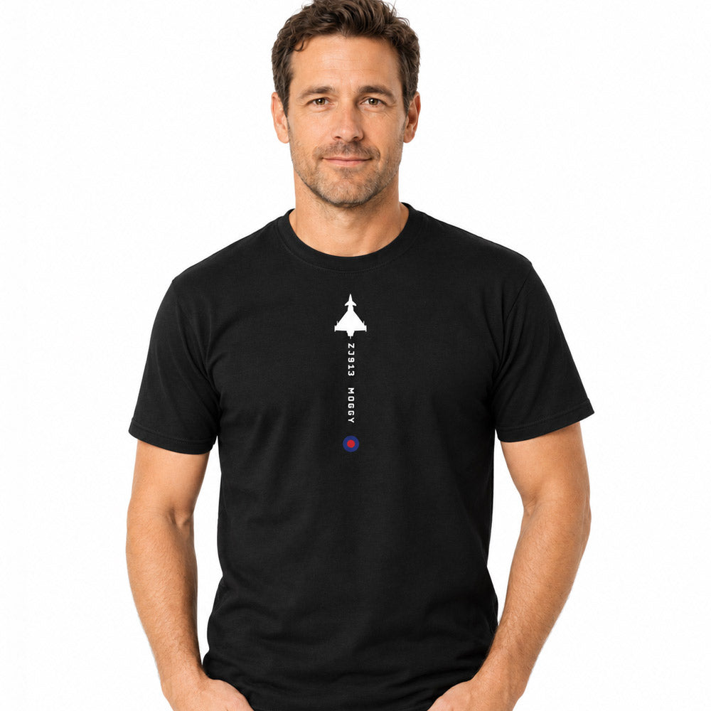Black T-shirt featuring a front motif print of Eurofighter Typhoon FGR.4 ZJ913 “Moggy”.