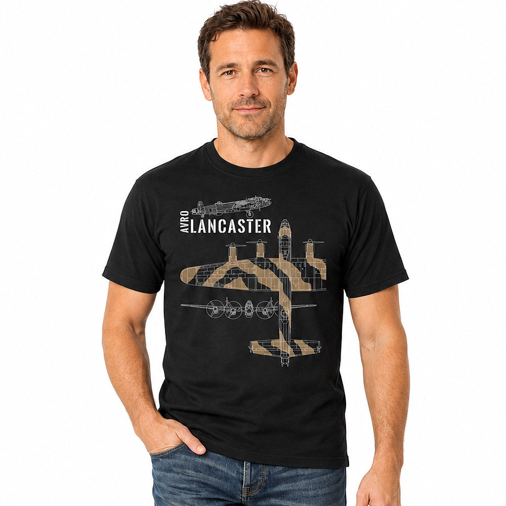 Black crew-neck T-shirt featuring a top-view technical illustration of an Avro Lancaster bomber.
