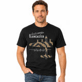 Black crew-neck T-shirt featuring a top-view technical illustration of an Avro Lancaster bomber.
