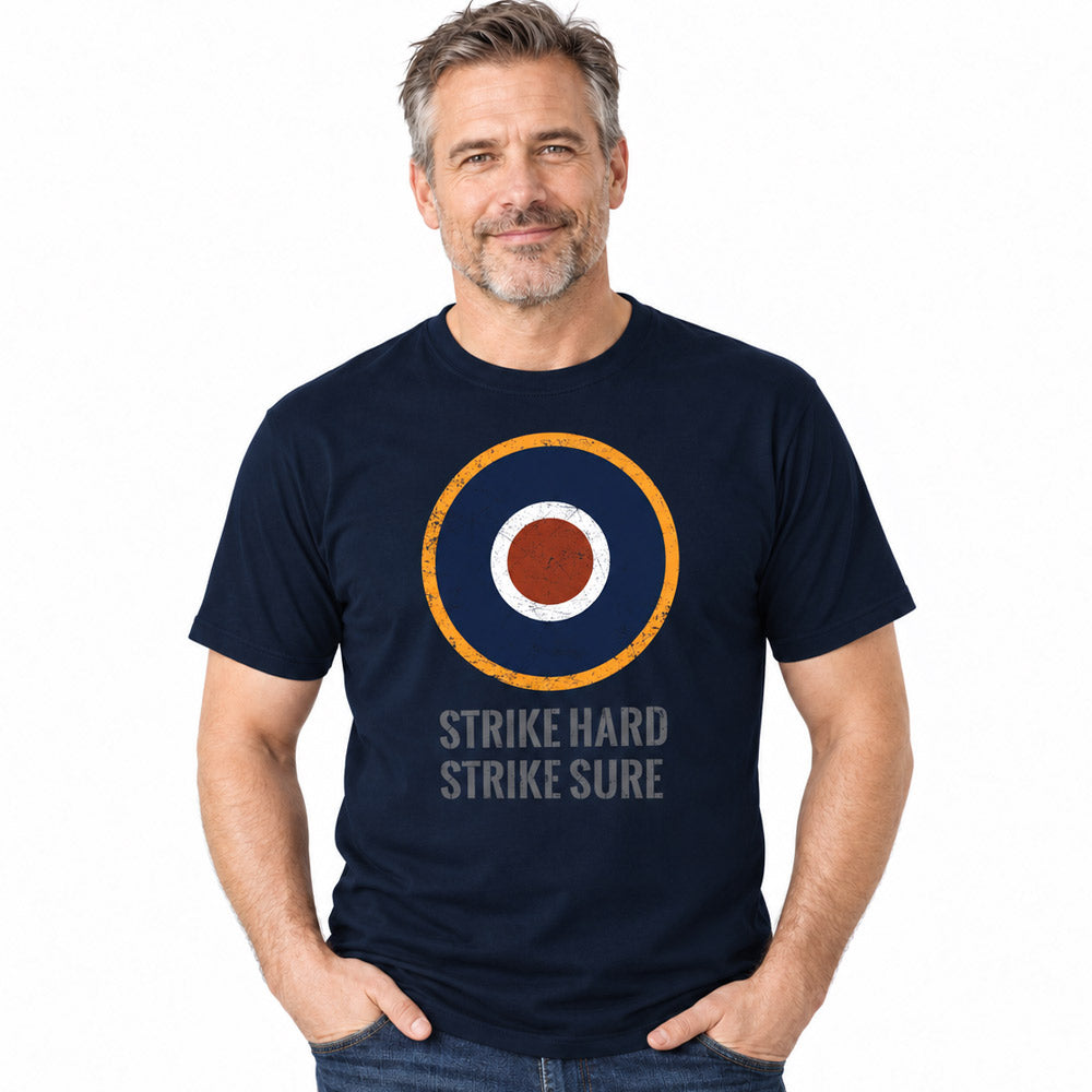 Navy T-shirt featuring a battle-worn insignia and the motto “Strike Hard Strike Sure”.