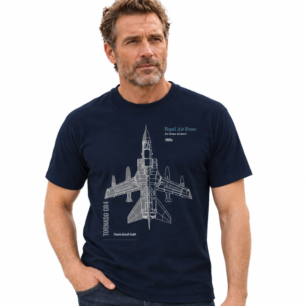 A navy crew-neck T-shirt with a grey top-view technical illustration of a Tornado GR4 aircraft.