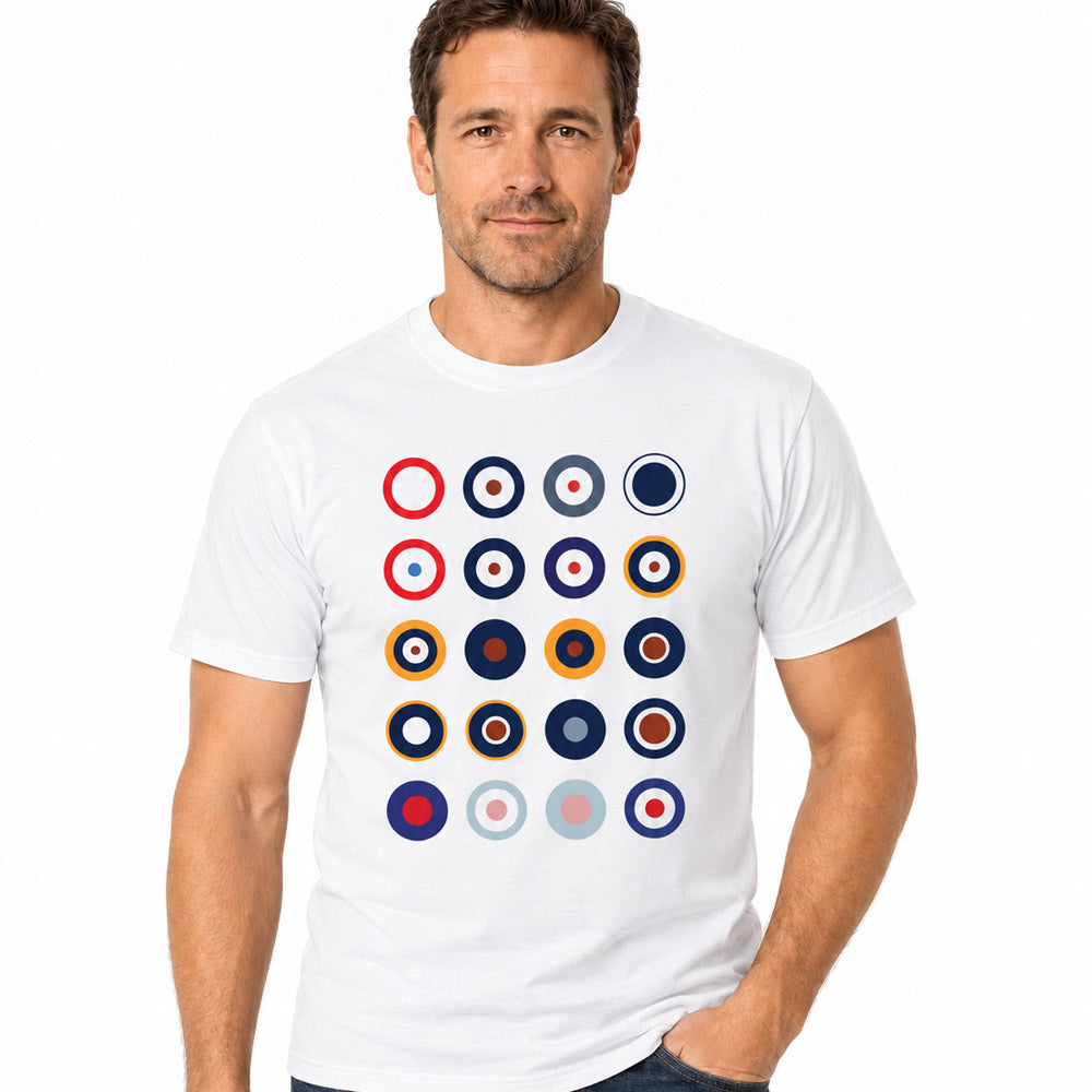 This graphic T-Shirt displays roundels used by RN Fleet Air Arm, Army Air Corps and the Royal Air Force through the ages.
