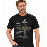 Black crew-neck Spitfire T-shirt featuring side-profile illustrations of the Mk I Type 300 and Mk XIV Type 379 aircraft.