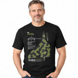 Black T-shirt featuring an Avro Vulcan bomber design with its distinctive delta-wing profile.