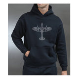 Black hoodie with a Spitfire aircraft Tech design.